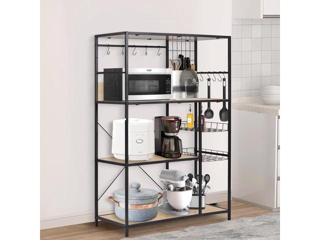 Bakers Rack with Power Outlet, Microwave Stand with Storage, Coffee Bar Organizer Cabinet with Wire Basket, Kitchen Shelf for Spices, 10 Hooks,...