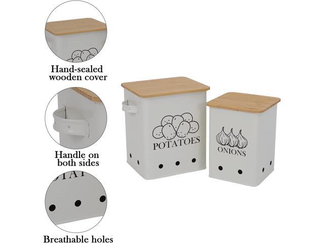 Kitchen Vegetable Storage Tins Set of 2 for Potatoes, Onion, with wooden lid Garlic Bin Caddy, Long Shelf Life-white