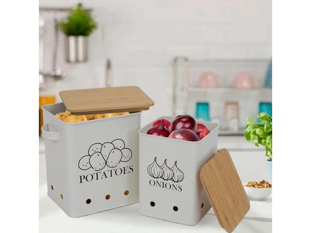 Kitchen Vegetable Storage Tins Set of 2 for Potatoes, Onion, with wooden lid Garlic Bin Caddy, Long Shelf Life-white