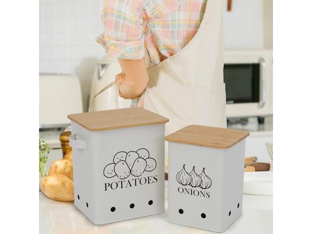 Kitchen Vegetable Storage Tins Set of 2 for Potatoes, Onion, with wooden lid Garlic Bin Caddy, Long Shelf Life-white