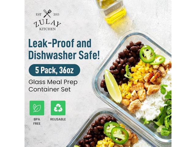 Zulay Kitchen 5 Pack Glass Meal Prep Containers with Lids - Airtight, Premium Borosilicate Glass Food Storage Containers - Microwave, Freezer &...
