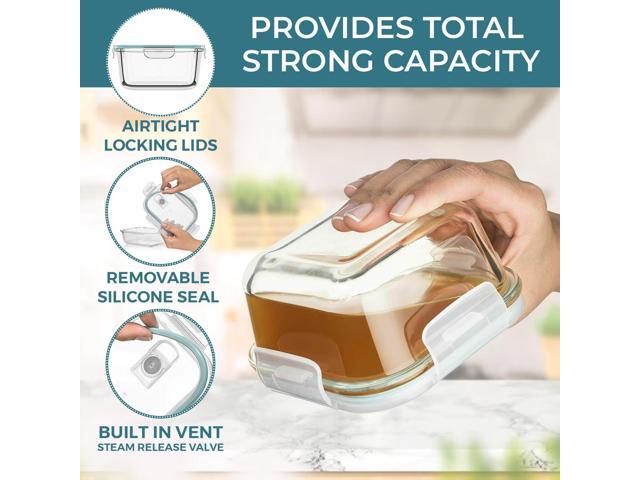 Razab 24 Pc Airtight Glass Food Storage Containers - Glass Meal Prep Containers - Freezer to Oven Safe - Steam Release Valve BPA Free - Airtight...