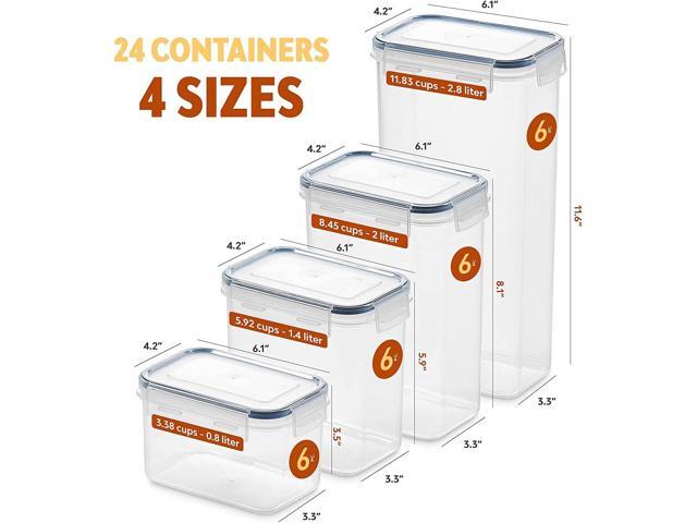 24 Pack Airtight Food Storage Container Set - BPA Free Clear Plastic Kitchen and Pantry Organization Canisters with Durable Lids for Cereal, Dry...