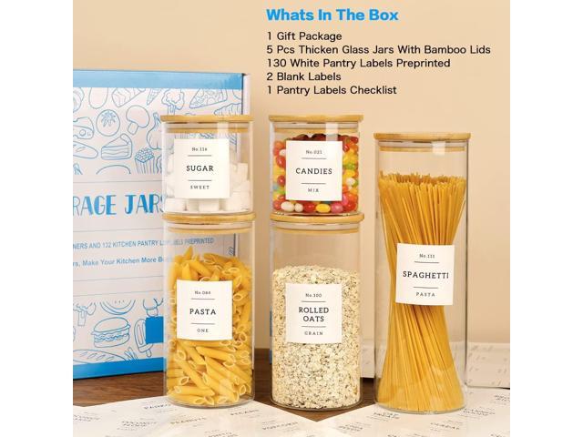 5 Pcs Glass Food Storage Containers With 132 Pantry Labels Preprinted - Thicken(3mm) Jars Airtight Bamboo Lid Stackable Kitchen Canisters Set For...