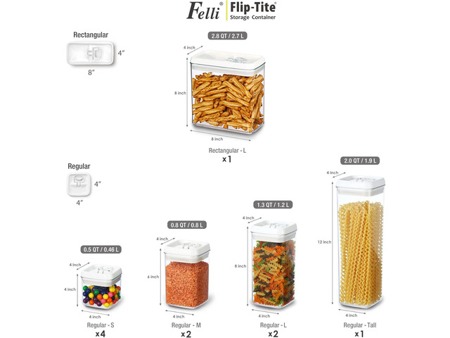 Felli Flip Tite Storage Container with 4 Inch Lid SQUARE & RECTANGLE, Air Tight Ring Seal Top Clear Acrylic Canister Jar, Spice Pasta Cereal Snack...