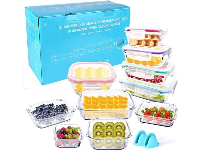 20 Pc Glass Food Storage Containers with Snap Lock Lids, Airtight & Leakproof, Bonus 2 Oven Silicone Gloves, Safe for Dishwasher, Oven,...