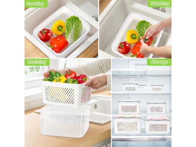 4 Pack Fridge Food Storage Container with Lids, Plastic Fresh Produce Saver Keeper for Vegetable Fruit Berry Salad Lettuce, BPA Free Kitchen...