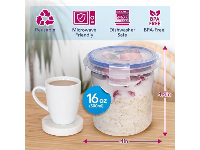 Overnight Oats Container with Lids (4-Piece set) - 16 oz Plastic Containers with Lids - Oatmeal Container to go Portable Cereal and Milk...