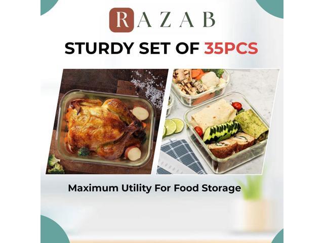 Razab 35 Pc Set Glass Food Storage Containers with Lids - Meal Prep Airtight Bento Boxes BPA-Free 100% Leak Proof (15 lids,15 glass & 5 Plastic...