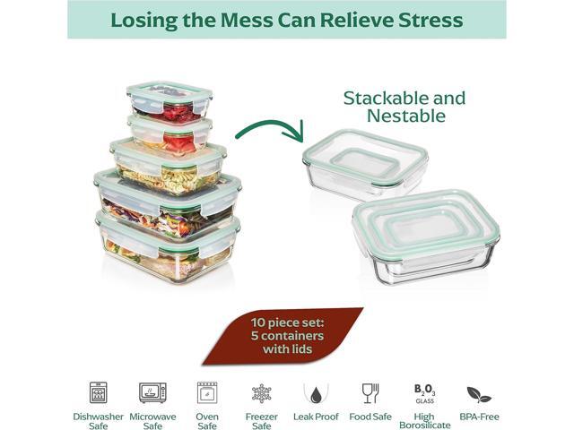 Fusion Gourmet Large Glass Food Storage Containers with Lids [5 Pack, 72 oz, 9 Cup], Airtight, Leakproof, Microwave and Oven Safe Borosilicate Glass