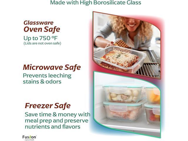 Fusion Gourmet Large Glass Food Storage Containers with Lids [5 Pack, 72 oz, 9 Cup], Airtight, Leakproof, Microwave and Oven Safe Borosilicate Glass