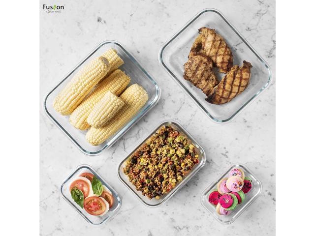 Fusion Gourmet Large Glass Food Storage Containers with Lids [5 Pack, 72 oz, 9 Cup], Airtight, Leakproof, Microwave and Oven Safe Borosilicate Glass