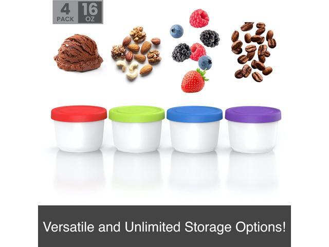 BALCI - 16oz Ice Cream Containers with Silicone Lids (Set of 4) - 1 Pint Each Freezer Food Storage Containers, Reusable, LeakProof, For Homemade...