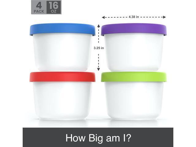 BALCI - 16oz Ice Cream Containers with Silicone Lids (Set of 4) - 1 Pint Each Freezer Food Storage Containers, Reusable, LeakProof, For Homemade...