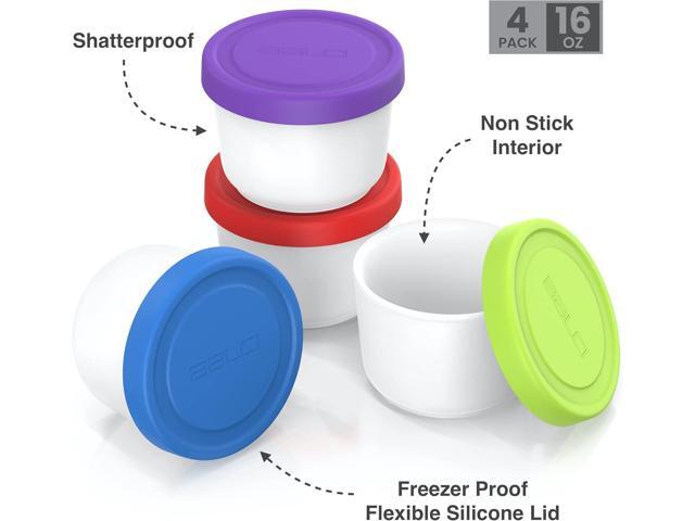 BALCI - 16oz Ice Cream Containers with Silicone Lids (Set of 4) - 1 Pint Each Freezer Food Storage Containers, Reusable, LeakProof, For Homemade...