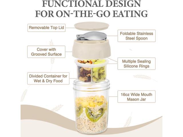SOLIGT 2 Pack Overnight Oats Containers with Lids, Folding Spoons and Divided Compartments for Fruit & Nuts, Small Glass 16oz Mason Jars for...