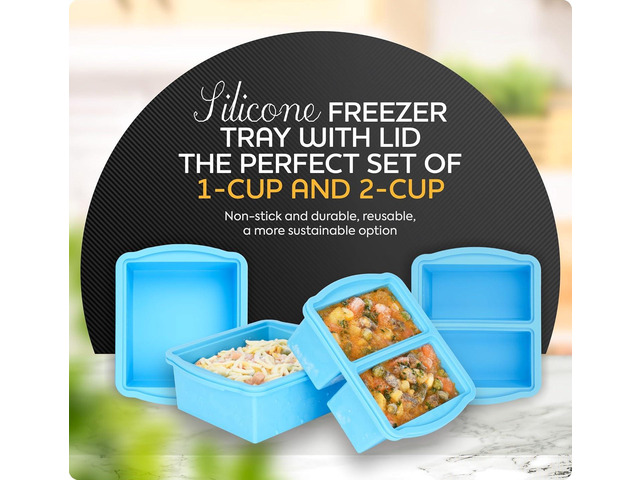 Silicone Freezer Trays with Lids, Set of 4 - with 1cup and 2 cup Silicone Freezer Molds for freezing soups, sauces and individual microwave safe
