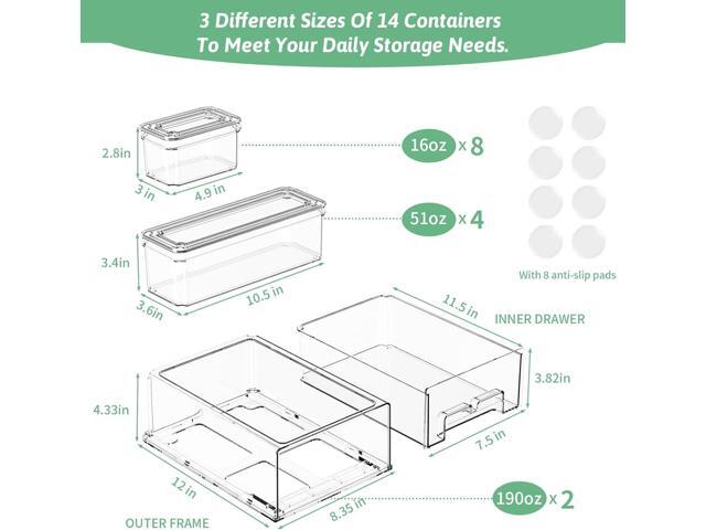 14Pack Fridge Organizer Bins, Clear Refrigerator Organizing Containers with Lids and Refrigerator Drawers, Stackable Food, Vegetable and Fruit...