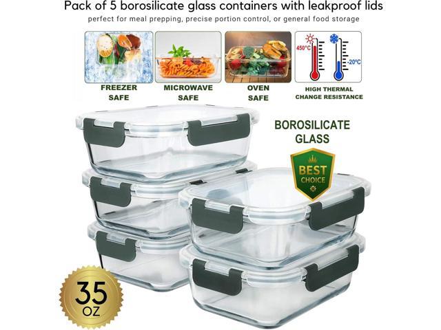 Brieftons Glass Meal Prep Containers: 5 Pack, 35 Oz with Airtight, Leakproof Snap Locking Lids, Perfect for Food Storage, Lunch & Portion Control,...