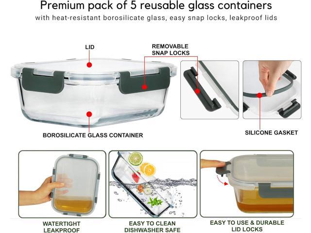 Brieftons Glass Meal Prep Containers: 5 Pack, 35 Oz with Airtight, Leakproof Snap Locking Lids, Perfect for Food Storage, Lunch & Portion Control,...