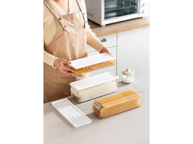Hanobe Pasta Containers for Pantry Large Spaghetti & Noodle & Lasagna Canister 2 Pcs Clear Grey Rectangular Canister with Lock Lids Durable Plastic...