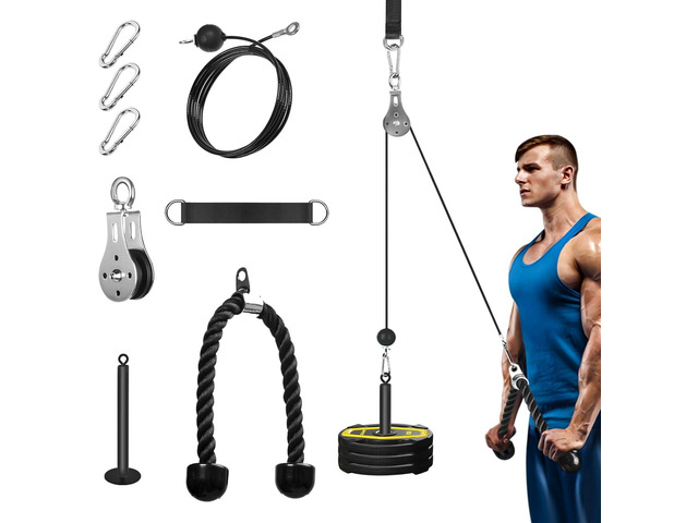 Pulley System for Home Gym, Cable Pulley System Gym for LAT Pulldown Cable Machine Pulley Attachment with Tricep Rope Ideal for Biceps Curl, Arm...