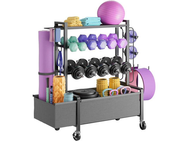 Dumbbell Rack, Adjustable 4-Tier Weight Rack Movable, Home Gym Organizer Up to 405 lb with Lockable Casters & Hooks, Workout Equipment Storage for...