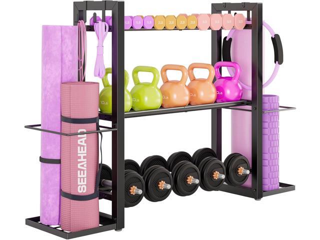 3-Tier Adjustable Dumbbell Rack Heavy Duty Metal Storage Rack, Dumbbell Weight Rack and Kettlebells Rack, Yoga Mat Organizer, Multi-Purpose Gym...