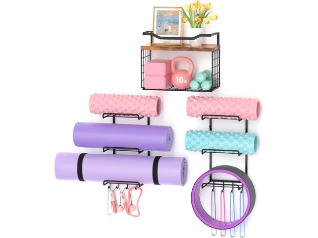 6-Tiers Yoga Mat Holder Wall Mount with Wood Floating Shelves, Yoga Mat Storage Rack Home Gym Accessories with Hooks for Hanging Stretching Strap &...