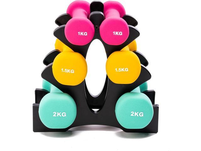 PRISP Dumbbells Set with Rack - 3 Pairs of Neoprene Free Weights with Stand