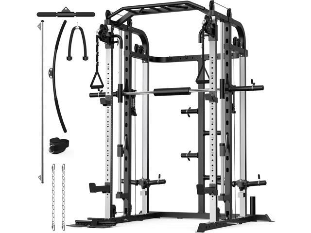 Smith Machine, Multifunctional Power Cage Rack with Smith Bar and Cable Pulley System, and LAT Pull Down Machine for Home Gym