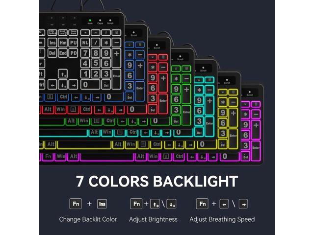 MARVO Large Print Backlit Keyboard, WK712 Wired Computer Keyboards with 7 Colors & 11 Modes Backlight, Tablet Phone Holder and Quiet Light Up Keys,...
