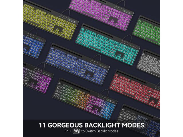 MARVO Large Print Backlit Keyboard, WK712 Wired Computer Keyboards with 7 Colors & 11 Modes Backlight, Tablet Phone Holder and Quiet Light Up Keys,...