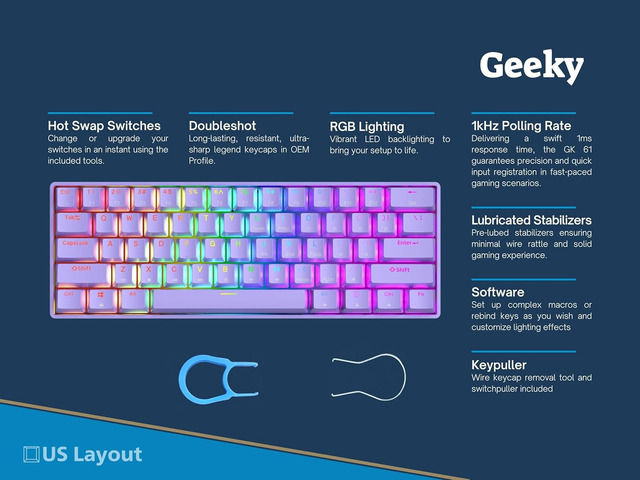 Geeky GK61 60% Hot Swappable Mechanical Gaming Keyboard 61 Keys Multi Color RGB LED Backlit for PC/Mac Gamer ANSI US American Layout...