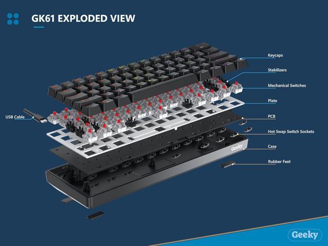 Geeky GK61 60% Hot Swappable Mechanical Gaming Keyboard 61 Keys Multi Color RGB LED Backlit for PC/Mac Gamer ANSI US American Layout (Blue,...