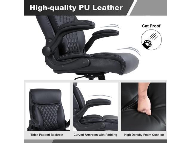 Executive Office Chair, Ergonomic PU Leather Computer Desk Chair with Lumbar Support, Flip-up Armrests and Adjustable Height, for Home Office, Black