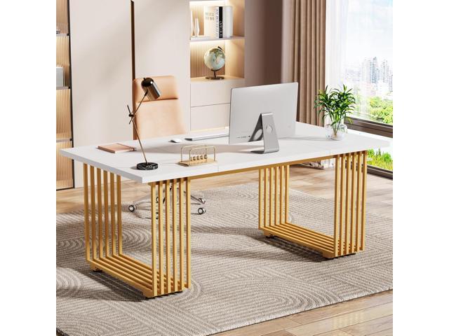 Tribesigns 70.9' Modern Office Desk, Wooden Computer Desk, White Executive Desk with Gold Metal Legs, Large Workstation for Home Office, Study.
