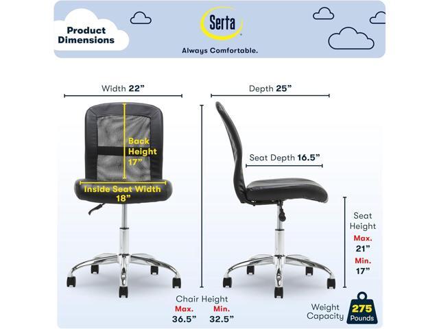 Serta Essential Armless DeskChair, Small Task Chair with Wheels, Breathable Mesh Back, SertaQuality Foam Cushion Seat for Comfort, Functional,...