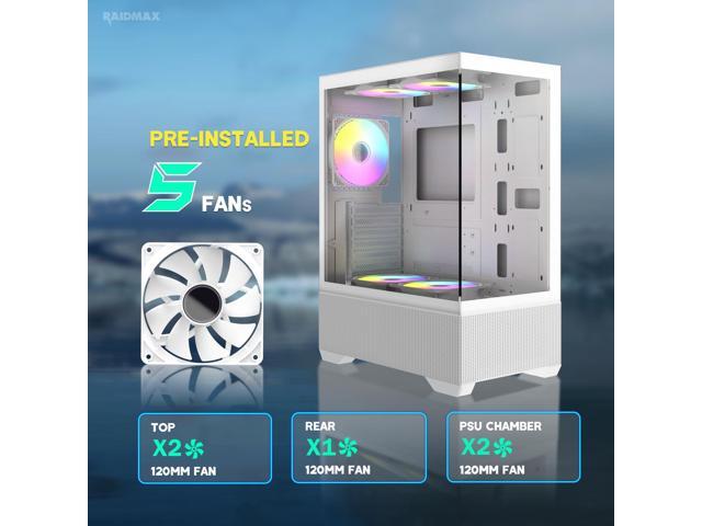 Raidmax I802 AWS White Color Air Flow Compact Panoramic ATX Mid Tower Case 270° View Tempered Glass, 5x Pre-Installed 120mm Static RGB Color Fans,...