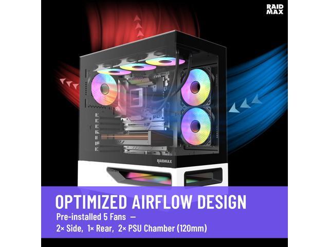 RAIDMAX H200 Air Tunnel ATX Mid Tower Gaming Case, 238mm Wide Body, 5x 120mm ARGB Fans with Side Reverse Blade Intake, Bottom Airflow Tunnel,...