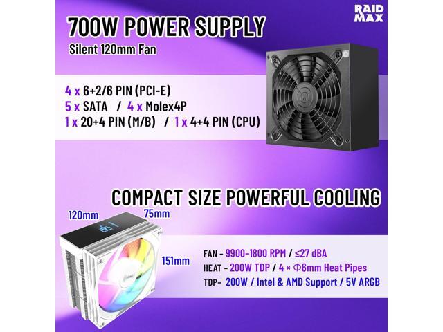 RAIDMAX i802 ATX Mid Tower Gaming PC Case Bundle, Includes 5 Fixed RGB Fans, 700W 80+ Power Supply & 120mm ARGB CPU Air Cooler, Tempered Glass Side...