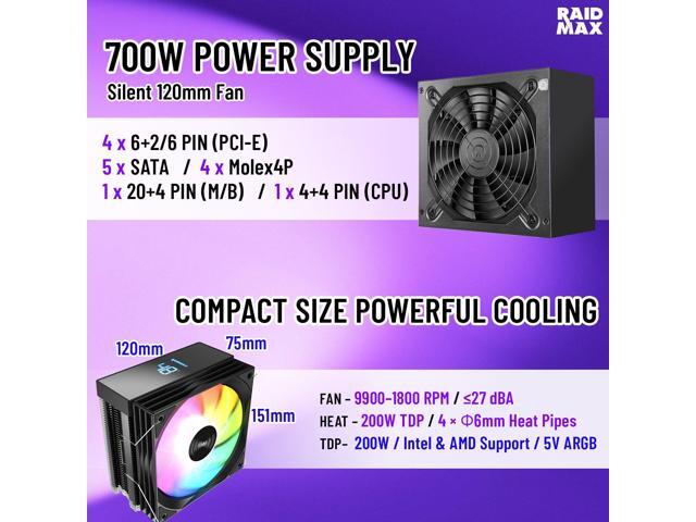 RAIDMAX i802 ATX Mid Tower Gaming PC Case Bundle, Includes 5 Fixed RGB Fans, 700W Power Supply & 120mm ARGB CPU Air Cooler, Tempered Glass Side...