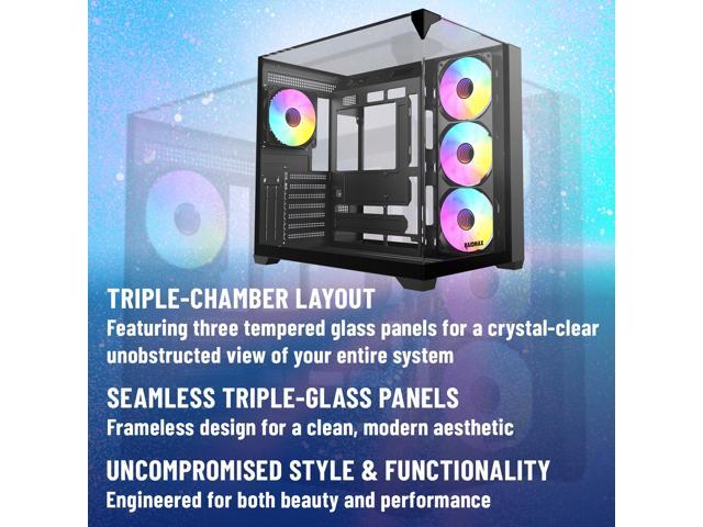 Raidmax I620 Tri-Glasses Panoramic Gaming PC Case, Dual-Chamber Design, 4 x 120mm ARGB Fans Pre-Installed, Supports 240/360mm Liquid Cooler,...