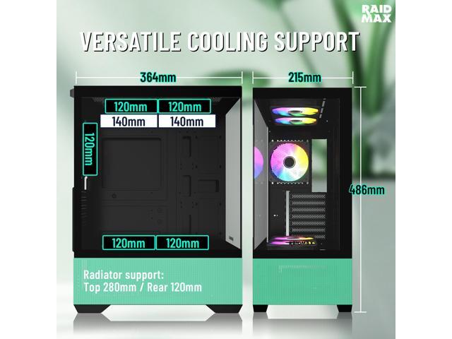 RAIDMAX i802 VIBE Green Compact ATX Gaming PC Case, 5x Fixed RGB Fans Pre-Installed, Panoramic Tempered Glass, High Airflow Mid Tower Chassis,...