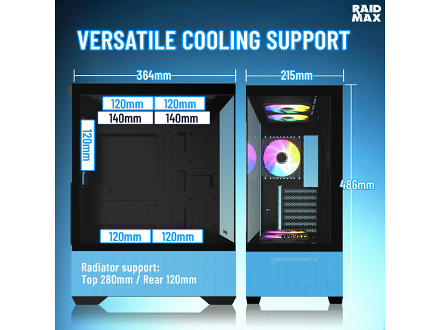 RAIDMAX i802 VIBE Blue Compact ATX Gaming PC Case, 5x Fixed RGB Fans Pre-Installed, Panoramic Tempered Glass, High Airflow Mid Tower Chassis,...