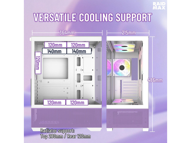 RAIDMAX i802 VIBE Purple Compact ATX Gaming PC Case, 5x Fixed RGB Fans Pre-Installed, Panoramic Tempered Glass, High Airflow Mid Tower Chassis,...