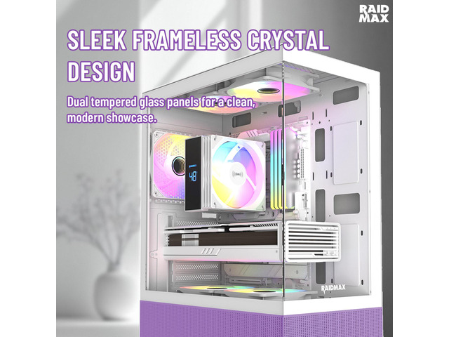RAIDMAX i802 VIBE Purple Compact ATX Gaming PC Case, 5x Fixed RGB Fans Pre-Installed, Panoramic Tempered Glass, High Airflow Mid Tower Chassis,...