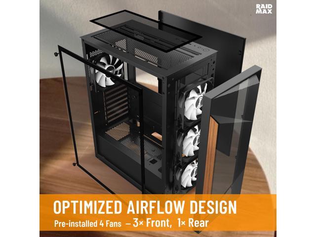 RAIDMAX V219 ATX Mid Tower Gaming PC Case, Wooden Trim Mesh Front Airflow Design, 4x ARGB Daisy-Chain Fans Included, Tempered Glass Side Panel,...