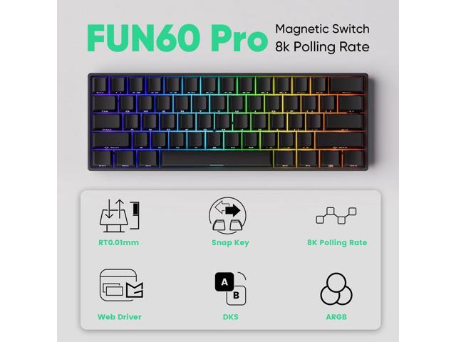 MONSGEEK FUN60 Pro Rapid Trigger Gaming Keyboard 8k SP Magnetic Switch HE Keyboard Wired 60% Black Shine-Through (Glare Magnetic Switch)