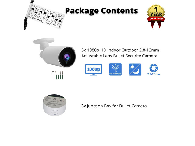 Evertech 1080P HD Indoor Outdoor AHD TVI CVI Analog Bullet Security Surveillance Cameras with Junction Box Deep Base, 3-Pack